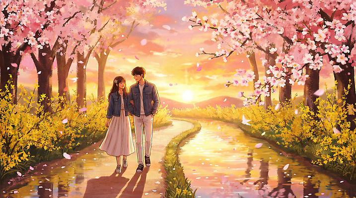 JPG 나무 커플 공원 꽃 행복 길 여행 일러스트 자연 하늘 사랑 풍경 노란색 걷기 노을 봄 산책 벚꽃 벚나무 저녁 봄소풍 봄여행 뷰티풀 순간 국내일러스트 AI일러스트 AI콘텐츠 자연요소 식물 계절 공공시설 감정 컬러 관계 모션 휴식 소풍 야간 생태계 파일형식