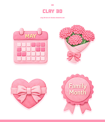 모양 꽃 컬러 관계 모션 이벤트 3D 5월 오브젝트 파일형식 점토 그림 달력 꽃다발 하트 가족 장식 분홍색 예술 만들기 창의성 기념일 기념품 PSD 카네이션 가정의달 편집이미지 편집3D
