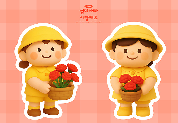 식물 교육 꽃 어린이 컬러 컨셉 무늬 사람 3D 5월 파일형식 캐릭터 바구니 체크무늬 분홍색 귀여움 두명 말풍선 단순화된 디자인 편집3D 편집이미지 PSD 카네이션 유치원생 유치원 가정의달