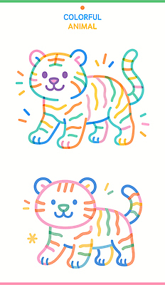 동물 캐릭터 디자인 어린이 컬러 라인일러스트 일러스트 상상 동화 웃음 장식 반려동물 걷기 귀여움 표현 화려 호랑이 그림 창의성 국내일러스트 AI파일 컨셉 포유류 모션 표정 사람 파일형식 벡터