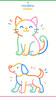 동물 캐릭터 디자인 선 컬러 라인일러스트 일러스트 도안 색연필 웃음 앉기 반려동물 귀여움 고양이 표현 그리기 개 즐거움 그림 만들기 상상력 알록달록 국내일러스트 AI파일 감정 컨셉 포유류 모션 학용품 표정 컬러풀 파일형식 벡터