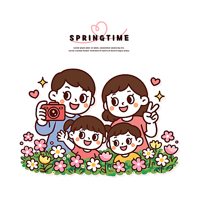 꽃 행복 꽃밭 일러스트 가족 자연 놀이 함께함 웃음 친구 소풍 카메라 봄 즐거움 순간 인증샷 국내일러스트 AI파일 식물 계절 감정 컨셉 관계 표정 전자제품 야외활동 생태계 인증 합성어 파일형식 벡터