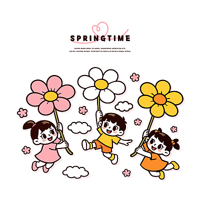 꽃 행복 컬러 일러스트 노래 모션 하늘 야외 친구 달리기 햇빛 봄 유치원 즐거움 그림 놀기 밝은색 국내일러스트 AI파일 식물 계절 교육 감정 음악 관계 태양 파일형식 벡터