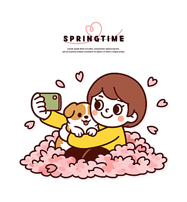 꽃 행복 어린이 일러스트 모션 자연 표정 사랑 웃음 친구 반려동물 소풍 봄 개 셀프카메라 즐거움 유기농 소통 순간 국내일러스트 AI파일 식물 동물 웰빙 계절 감정 컨셉 포유류 관계 사람 야외활동 사진촬영 생태계 파일형식 벡터