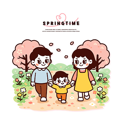 나무 공원 꽃 행복 어린이 꽃밭 일러스트 가족 자연 풍경 일상 부모 걷기 손잡기 봄 산책 즐거움 외출 국내일러스트 AI파일 식물 계절 공공시설 감정 관계 모션 휴식 사람 라이프 생태계 파일형식 벡터