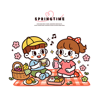 캐릭터 꽃 행복 어린이 음식 과일 일러스트 자연 놀이 디저트 친구 햇빛 소풍 야외활동 봄 담요 도시락 플라스틱컵 국내일러스트 AI파일 식물 계절 감정 관계 사람 컵 태양 플라스틱 생태계 파일형식 벡터