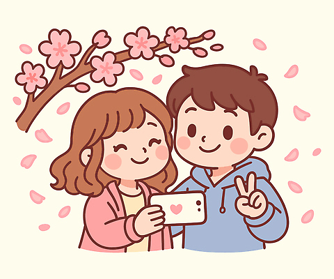 나무 기념일 꽃잎 행복 일러스트 자연 아웃도어 사랑 웃음 친구 청춘 소풍 촬영 봄 벚꽃 셀프카메라 즐거움 소셜미디어 국내일러스트 AI파일 식물 계절 꽃 감정 컨셉 관계 표정 이벤트 야외활동 사진촬영 생태계 파일형식 벡터