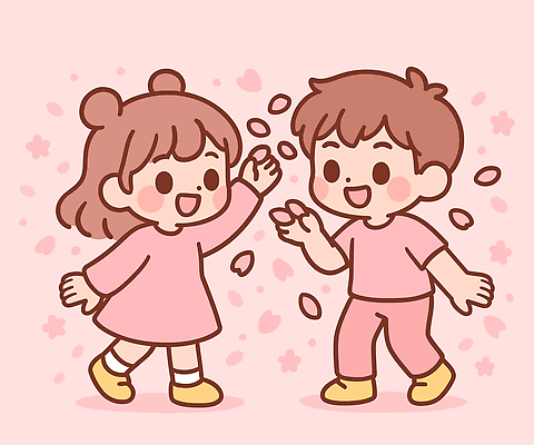 꽃잎 어린이 분홍색 백그라운드 일러스트 장난 모션 놀이 함께함 사랑 웃음 장식 친구 기쁨 즐거움 교류 놀기 상호작용 국내일러스트 AI파일 꽃 감정 컬러 컨셉 관계 표정 사람 파일형식 벡터