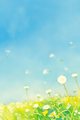 JPG 식물 꽃 컬러 잎 꽃밭 일러스트 자연 하늘 생명 바람 씨앗 풍경 초원 여름 환경 봄 민들레 화사함 민들레홀씨 뷰티풀 국내일러스트 AI일러스트 AI콘텐츠 자연요소 계절 컨셉 날씨 생태계 파일형식