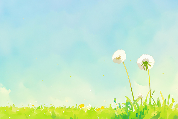 JPG 식물 계절 꽃 컬러 잎 일러스트 자연 하늘 생명 바람 날씨 풍경 잔디 초원 여름 햇빛 일몰 봄 민들레 생태계 민들레홀씨 국내일러스트 AI일러스트 AI콘텐츠 자연요소 태양 노을 파일형식