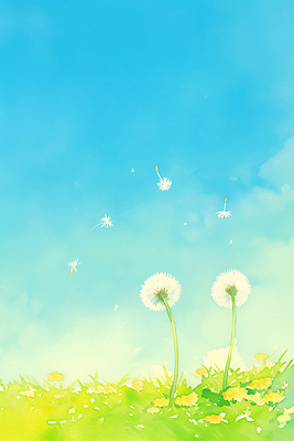 JPG 나무 꽃 감정 잎 일러스트 자연 하늘 날리기 바람 풍경 잔디 야외 초록색 고요 봄 민들레 민들레홀씨 꽃씨 산들바람 국내일러스트 AI일러스트 AI콘텐츠 자연요소 식물 계절 컬러 모션 날씨 생태계 파일형식