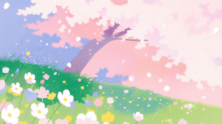 JPG 나무 꽃잎 꽃 컬러 일러스트 자연 하늘 바람 씨앗 풍경 초원 햇빛 정원 봄 벚꽃 국내일러스트 AI일러스트 AI콘텐츠 자연요소 식물 계절 날씨 태양 생태계 파일형식