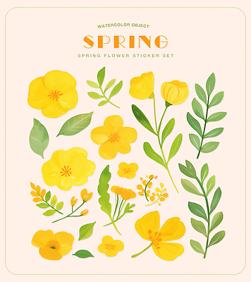 PSD 식물 디자인 여자 꽃 예술 컬러 스티커 잎 일러스트 자연 수채화 아이디어 그래픽 장식 세트 노란색 스크린 봄 창의력 국내일러스트 계절 컨셉 사람 생태계 파일형식