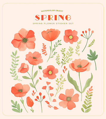 모양 PSD 식물 디자인 꽃잎 꽃 예술 컬러 스티커 일러스트 자연 문구용품 수채화 그래픽 장식 세트 봄 뷰티풀 창작 국내일러스트 계절 오브젝트 생태계 파일형식