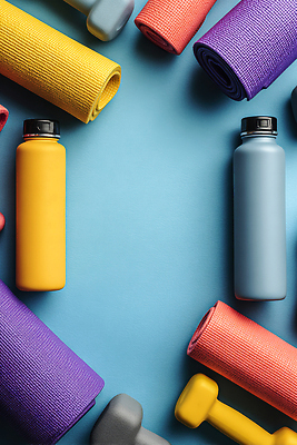 JPG 편집이미지 스포츠 컬러 백그라운드 프레임 건강 물 파란색 운동 운동기구 헬스 아령 매트 물병 체육 정리 카피스페이스 편집실사 자연요소 공백 물통 CG 파일형식