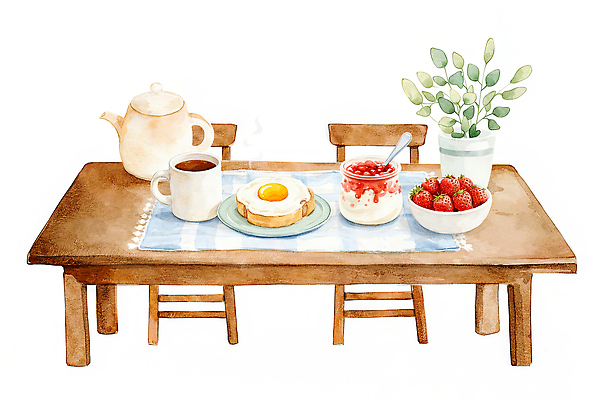 JPG 나무 그릇 커피 음식 컬러 일러스트 가족 탁자 딸기 주전자 아침 수채화 건강 대화 요리 친구 계란 식사 맛 아침식사 브런치 요거트 홈카페 국내일러스트 AI일러스트 AI콘텐츠 주간 식물 식기 음료 가구 컨셉 과일 관계 주방용품 유제품 말하기 알 카페 파일형식