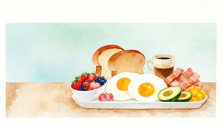 JPG 커피 음식 채소 과일 일러스트 딸기 아침 수채화 쟁반 건강 계란 식사 신선 아침식사 블루베리 브런치 토스트 베이컨 아보카도 점심식사 홈카페 맛있는 국내일러스트 AI일러스트 AI콘텐츠 주간 음료 빵 돼지고기 알 카페 파일형식