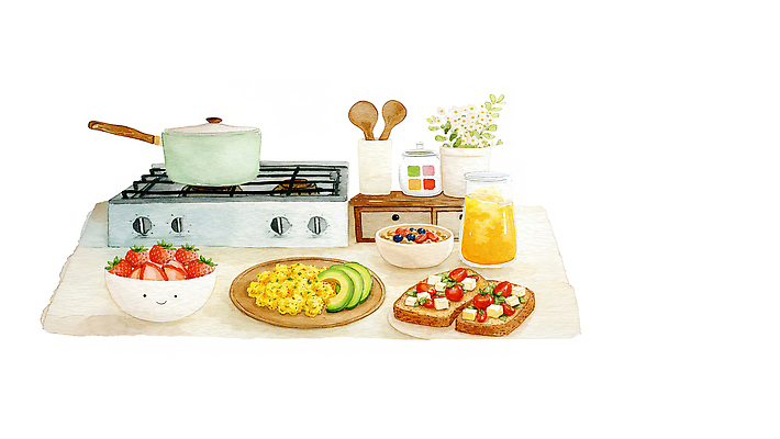 JPG 과일 일러스트 재료 탁자 딸기 주방용품 아침 수채화 요리 주방 계란 식사 아침식사 오렌지주스 블루베리 브런치 토스트 아보카도 건강식 음식준비 홈카페 국내일러스트 AI일러스트 AI콘텐츠 주간 음식 빵 가구 생활용품 알 카페 과일주스 준비 파일형식