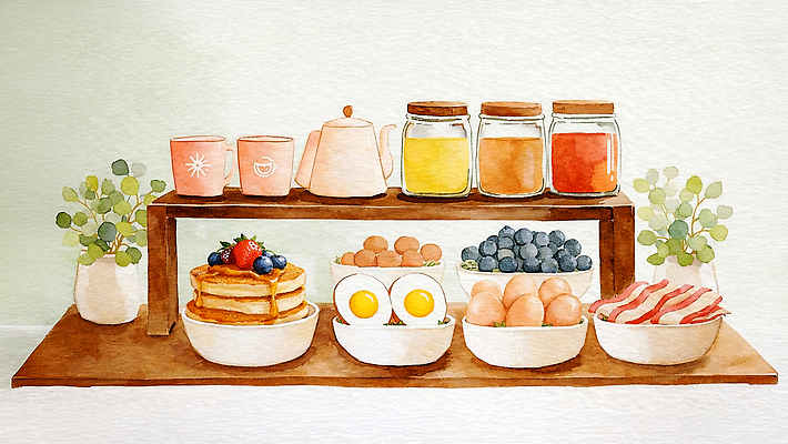 JPG 접시 음료 음식 과일 일러스트 탁자 딸기 아침 수채화 요리 컵 계란 식사 공간 아침식사 잼 준비 블루베리 브런치 베이컨 팬케이크 홈카페 국내일러스트 AI일러스트 AI콘텐츠 주간 식기 가구 돼지고기 케이크 알 카페 소스_음식 파일형식