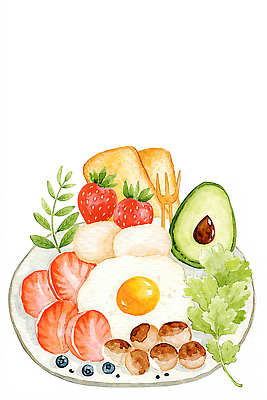 JPG 접시 음식 채소 과일 일러스트 재료 딸기 수채화 건강 요리 계란 식사 신선 소시지 맛 아침식사 브런치 연어 아보카도 편리함 홈카페 국내일러스트 AI일러스트 AI콘텐츠 식기 컨셉 어류 알 카페 가공식품 파일형식