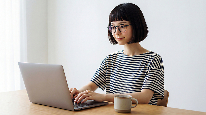 JPG 편집이미지 여자 커피 아침 짧은머리 잔 생활 노트북 사무실 디지털 줄무늬 방 작업 집중 책상 의료성형뷰티 편집실사 AI인물포토 AI콘텐츠 주간 헤어스타일 식기 음료 가구 컨셉 무늬 비즈니스 사람 전자제품 CG 파일형식 AI포토