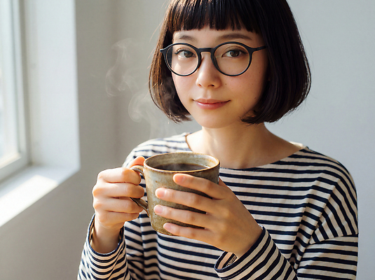 JPG 모양 편집이미지 손 여자 커피 티셔츠 아침 밝음 미소 일상 줄무늬 공간 편안함 창가 의료성형뷰티 편집실사 AI인물포토 AI콘텐츠 주간 음료 셔츠 무늬 창문 표정 사람 라이프 신체부위 감각 CG 파일형식 AI포토