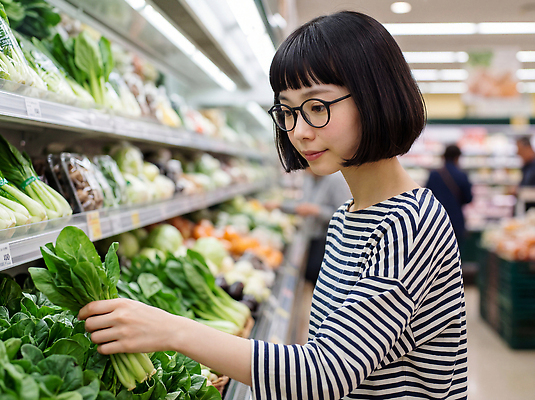 JPG 편집이미지 여자 음식 채소 재료 선반 건강 쇼핑 장보기 상점 샐러드 신선 시장 선택 고객 의료성형뷰티 편집실사 AI인물포토 AI콘텐츠 가구 컨셉 사람 CG 파일형식 AI포토