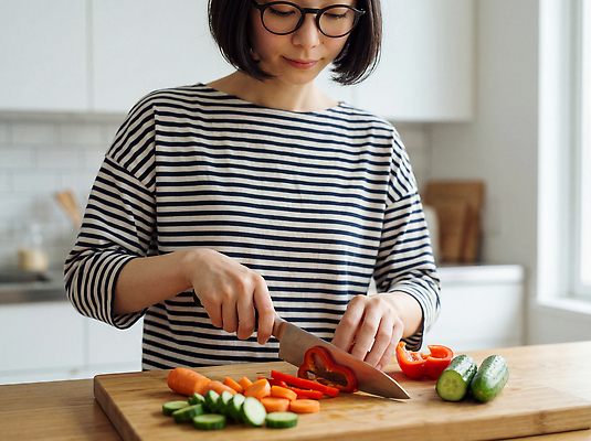 JPG 편집이미지 여자 음식 채소 재료 주방용품 피망 오이 건강 요리 주방 당근 칼 저녁 식사준비 의료성형뷰티 편집실사 AI인물포토 AI콘텐츠 생활용품 뿌리채소 사람 야간 CG 준비 파일형식 AI포토
