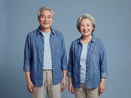 JPG 편집이미지 백그라운드 가족 관계 함께함 따뜻함 미소 웃음 파란색 노부부 촬영 다정 분위기 연령 의료성형뷰티 편집실사 AI인물포토 AI콘텐츠 부부 컬러 컨셉 표정 CG 파일형식 AI포토