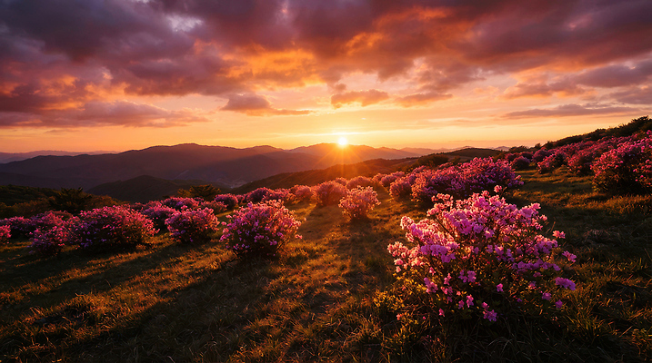 JPG 편집이미지 꽃 컬러 자연 하늘 산 풍경 야외 태양 일출 일몰 봄 진달래 편집실사 AI포토 AI콘텐츠 자연요소 식물 계절 노을 CG 생태계 파일형식