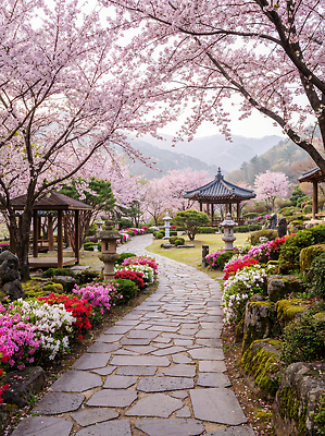 JPG 나무 편집이미지 꽃 아시아 자연 한옥 돌담 풍경 여러명 정원 봄 산책로 벚꽃 지역 편집실사 AI포토 AI콘텐츠 식물 한국전통 계절 나라 길 다수 고건축 사람 담장 돌_바위 CG 생태계 파일형식