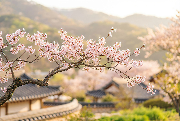 JPG 나무 편집이미지 전통 꽃 자연 아침 한국 풍경 건물 햇빛 봄 벚꽃 만개 뷰티풀 편집실사 AI포토 AI콘텐츠 주간 식물 건축물 계절 아시아 태양 CG 생태계 파일형식