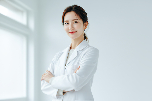 JPG 편집이미지 여자 창문 의학 건강 병원 미소 사람 치료 팔짱 환자 의사 밝은색 의료성형뷰티 편집실사 AI인물포토 AI콘텐츠 모션 표정 의료진 CG 파일형식 AI포토