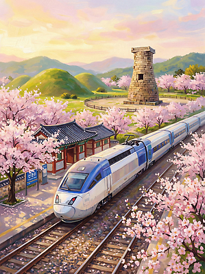 JPG 문화 여행 일러스트 자연 하늘 산 한국 풍경 여러명 탑 봄 기차 벚꽃 경주 역사 고속열차 지나가기 탐방 국내일러스트 AI일러스트 AI콘텐츠 건축물 계절 꽃 아시아 육상교통 다수 모션 대중교통 사람 경상북도 생태계 파일형식