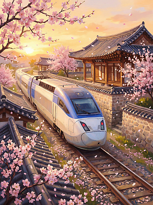 JPG 건축 문화 여행 이동 고건축 일러스트 자연 거리 한국 풍경 일출 노을 고요 봄 기찻길 기차 벚꽃 시골 저녁 뷰티풀 국내일러스트 AI일러스트 AI콘텐츠 자연요소 건축물 계절 꽃 아시아 육상교통 컨셉 대중교통 야간 생태계 파일형식