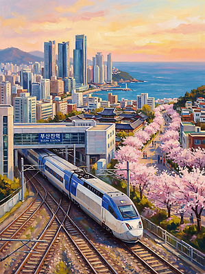 JPG 꽃 바다 여행 일러스트 모션 자연 하늘 거리 거리풍경 사람 풍경 건물 기찻길 기차 도시 저녁 출발 기차역 부산 국내일러스트 AI일러스트 AI콘텐츠 식물 건축물 육상교통 컨셉 대중교통 한국 역 야간 생태계 파일형식