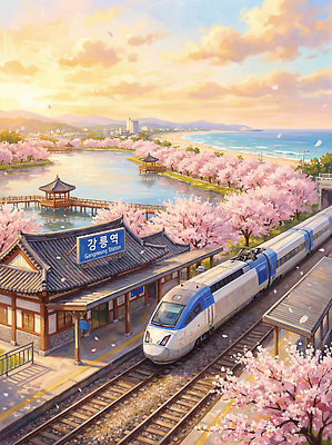 JPG 나무 꽃잎 호수 여행 일러스트 자연 한국 풍경 해변 일출 일몰 봄 기차 벚꽃 도시 출발 기차역 강릉 국내일러스트 식물 계절 꽃 아시아 육상교통 바다 컨셉 대중교통 노을 역 생태계 강원도 파일형식
