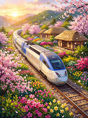 JPG 나무 꽃 여유 컬러 여행 일러스트 자연 하늘 산 거리 주택 풍경 초록색 햇빛 일출 일몰 봄 기찻길 기차 벚꽃 국내일러스트 AI일러스트 AI콘텐츠 식물 계절 감정 육상교통 대중교통 건물 태양 노을 생태계 파일형식