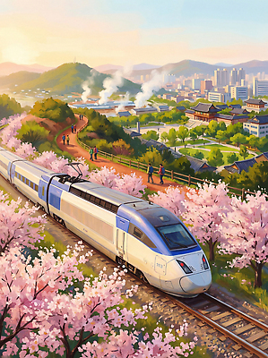 JPG 여행 일러스트 자연 산 한국 풍경 여러명 봄 기찻길 기차 벚꽃 시골 도시 구경 기차역 노선 꽃구경 국내일러스트 AI일러스트 AI콘텐츠 계절 꽃 아시아 육상교통 다수 대중교통 사람 역 생태계 파일형식