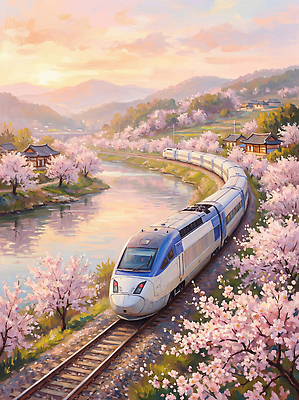 JPG 나무 전통 꽃 여행 단풍 일러스트 자연 하늘 산 한국 풍경 물 강 마을 일출 봄 기찻길 기차 벚꽃 기차역 국내일러스트 AI일러스트 AI콘텐츠 자연요소 식물 계절 아시아 육상교통 잎 대중교통 노을 역 생태계 파일형식