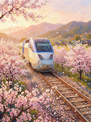 JPG 전통 꽃 길 컬러 여행 이동 일러스트 자연 산 풍경 건물 햇빛 일출 봄 기찻길 기차 벚꽃 저녁 만개 풍경화 국내일러스트 AI일러스트 AI콘텐츠 식물 건축물 계절 육상교통 컨셉 대중교통 태양 노을 야간 그림 생태계 파일형식