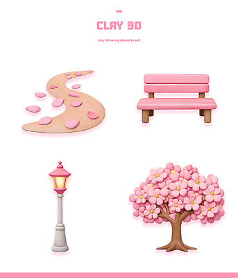 PSD 나무 편집이미지 디자인 길 예술 분홍색 컬러 가로등 벤치 자연 장식 조형물 3D 봄 벚꽃 점토 편집3D 식물 계절 공공시설 꽃 의자 미술 디지털합성 생태계 파일형식
