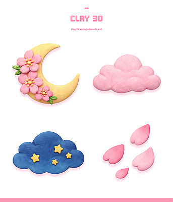 모양 PSD 편집이미지 디자인 꽃 별 예술 분홍색 컬러 장식 3D 봄 벚꽃 달 작업 점토 수공예 창의성 편집3D 자연요소 식물 계절 공예 디지털합성 파일형식