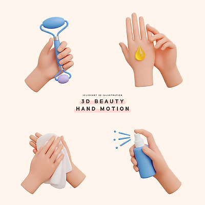 PSD 편집이미지 손 손짓 수건 뷰티 3D 표현 마사지 세수 상품 피부관리 스프레이 롤러 스킨케어 세럼 사용방법 편집3D 모션 신체부위 위생용품 청결 화장품 디지털합성 방법 파일형식