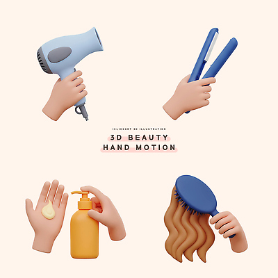 PSD 편집이미지 손 포즈 하늘색 모션 손짓 뷰티 머리카락 머리 주황색 도구 머리빗 드라이어 그림 샴푸 스타일링 스타일러 편집3D 컬러 신체부위 파란색 위생용품 3D 가전제품 미용용품 파일형식