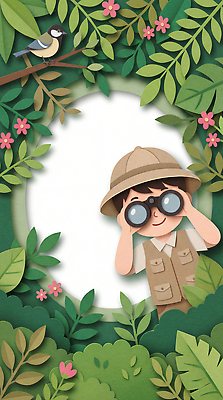 JPG 나무 꽃 어린이 컬러 일러스트 자연 조류 나뭇잎 생물 취미 환경 쌍안경 탐험 관찰 놀이터 숲 열대우림 즐거움 국내일러스트 AI일러스트 AI콘텐츠 식물 동물 감정 잎 모션 놀이 사람 망원경 생태계 파일형식