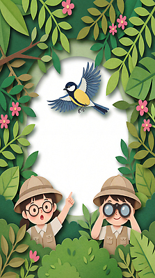 JPG 나무 동물 꽃 어린이 컬러 일러스트 모션 자연 조류 생물 함께함 학습 쌍안경 탐험 도전 관찰 숲 열대우림 즐거움 국내일러스트 AI일러스트 AI콘텐츠 식물 교육 감정 컨셉 사람 망원경 생태계 파일형식