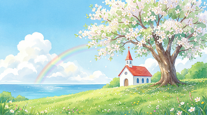 JPG 나무 사계절 꽃 기독교 바다 컬러 무지개 일러스트 자연 하늘 동화 풍경 초원 파란색 햇빛 교회 평화 환경 봄 그림 장면 뷰티풀 국내일러스트 AI일러스트 AI콘텐츠 자연요소 식물 계절 종교 컨셉 종교건축 건물 태양 생태계 파일형식