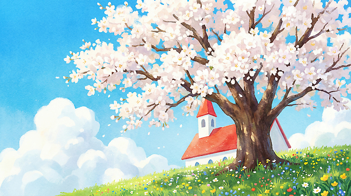 JPG 나무 꽃 행복 기독교 컬러 이동 일러스트 자연 하늘 풍경 초원 빨간색 파란색 교회 일출 일몰 봄 벚꽃 흰색 언덕 조화 국내일러스트 AI일러스트 AI콘텐츠 식물 계절 감정 종교 컨셉 종교건축 건물 노을 생태계 파일형식