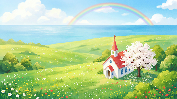 JPG 나무 꽃 기독교 바다 여행 무지개 일러스트 자연 하늘 풍경 초원 소풍 교회 봄 선탠 뷰티풀 초봄 풍경화 국내일러스트 AI일러스트 AI콘텐츠 자연요소 식물 계절 종교 종교건축 건물 야외활동 그림 생태계 파일형식